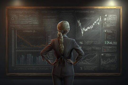 A teacher teaching finance at the blackboard. She teaches chart analysis and trading for bankers and traders. Or a student solving problems in the finance exam. Generative AI