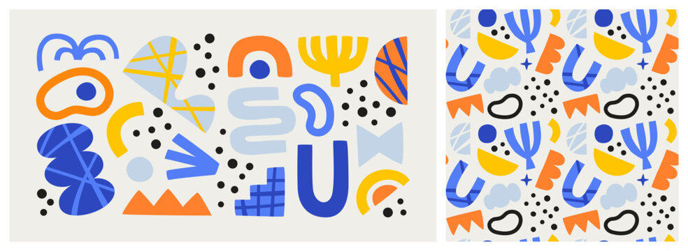 Set of colorful abstract shape doodle. Creative collage shapes seamless pattern collection. Random drawing, geometric art on isolated background. Modern contemporary illustration cartoon bundle.