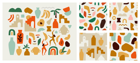 Set of trendy doodle and abstract nature icons on isolated white background. Seamless pattern collection, minimalist fruit shapes in freehand art style. Includes people, vase art and texture bundle