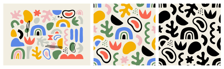 Abstract matisse inspired pattern set with colorful freehand doodles. Organic flat cartoon background collection, simple random shapes in bright childish colors. 