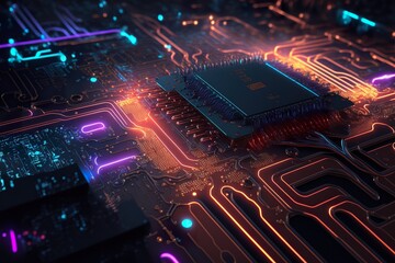 CPU of the future on a modern motherboard. Representation of future artificial intelligence technology. Luminescent processor. - obrazy, fototapety, plakaty