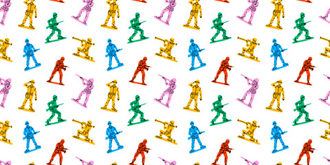 Fototapeta na wymiar Retro toy soldier doodle seamless pattern illustration. Colorful 90s style green military men background for nostalgia concept or children game print.