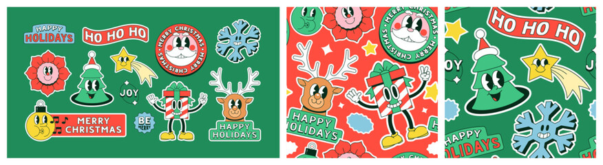 Funny vintage christmas cartoon character label seamless pattern illustration set. Retro sticker patch background for xmas party celebration collection. Festive holiday season graphic print.