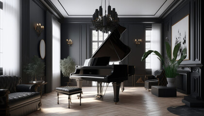 modern black home interior with a black grand piano, generative ai