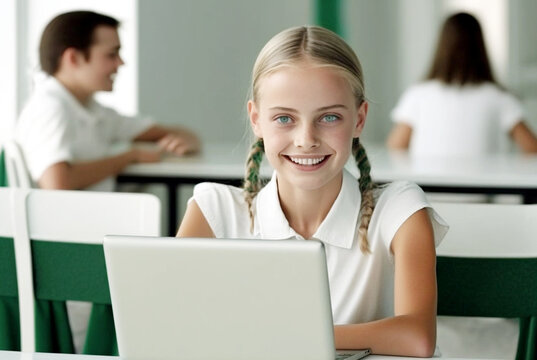 a small child, school child sits on a chair at a table in front of a computer laptop in a classroom at a school with other students in the classroom. Generative AI