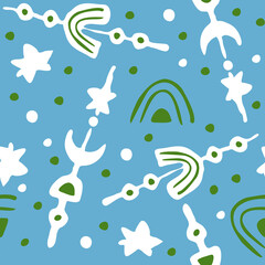 Abstract seamless pattern with circles, stars, dots and spots decorative elements. Hand drawn background in boho style for textile print, fabric design, wallpaper and digital paper, wrapping.