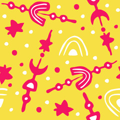 Abstract seamless pattern with circles, stars, dots and spots decorative elements. Hand drawn background in boho style for textile print, fabric design, wallpaper and digital paper, wrapping.