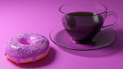 Donut glaseado de chocolate y taza de café con fondo rosa