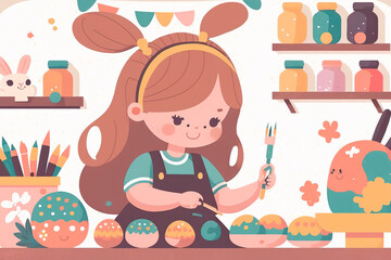 Happy little girl to dye and decorate eggs with paints for Easter holidays in cozy kitchen at home. Holy Week tradition, Spring holiday. Flat vector illustration. Generative AI.