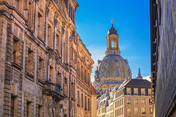 Cityscape - view of the old street of Dresden against the backdrop of the Dresden Frauenkirche,...