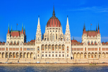 Fototapeta na wymiar City landscape - view of the Hungarian Parliament Building in the historical center of Budapest on the bank of the Danube river, in Hungary