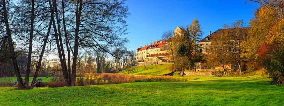 Autumn landscape, panorama, banner - view of the Seefeld Castle in the town of Seefeld, Bavaria, next to Munich, Bavaria, Germany, 11 November, 2022
