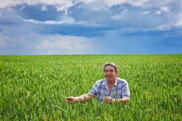 Naklejka na ściany i meble Portrait of senior farmer standing in wheat field