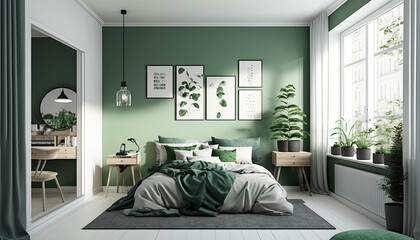 Modern home interior bedroom with green accents, Scandinavian style