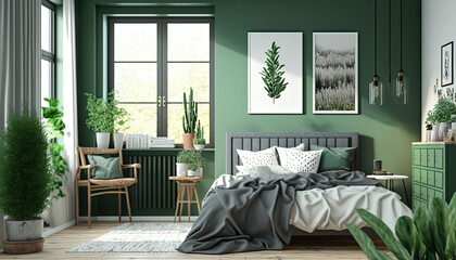 Modern home interior bedroom with green accents, Scandinavian style