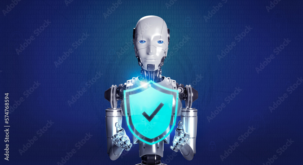 Poster 3d rendering smart robot showing virtual protection shield icon, holding by hands with digital lock 