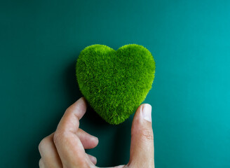 Green heart ball holding by hand, close up. Green grass heart shape, green love. Environment and...