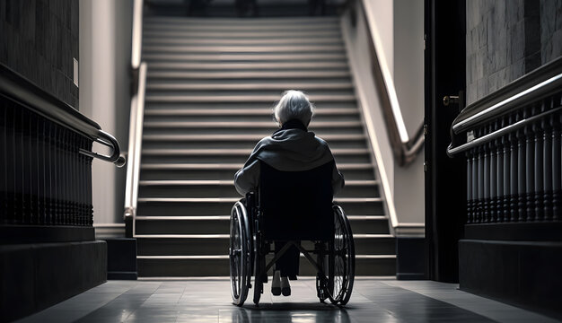 Old senior woman in wheelchair in front of stairs. Concept problem life of disabled. Generation AI