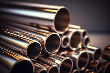 Naklejka premium Heap of shiny metal steel pipes with selective focus - Generative AI