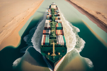 Accident crash Container cargo ship in transportation canal, aerial top view. Concept Global problem with marine traffic. Generation AI