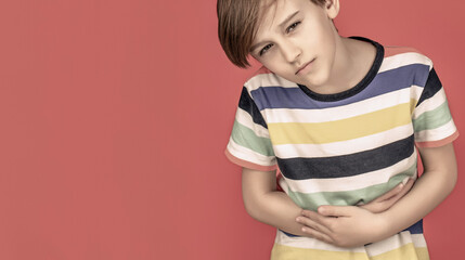 Diarrhea or gastroenteritis health problem. Child has stomachache with food poisoning. Child...