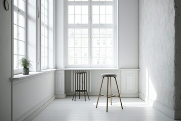 Bright, empty white room with large windows. Chair, stool. Generative AI