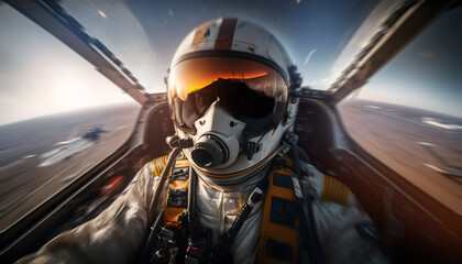View from cockpit of fighter pilot leads air boat with enemy, sunlight. AI generation - obrazy, fototapety, plakaty