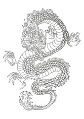 Aggressive japanese fantasy dragon concept. Black and white coloring, graphics Chinese dragon. Asian and oriental mythological creature. Tattoo style isolated vector illustration