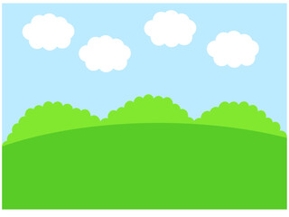 Landscape with field, blue sky and clouds.Green hill.Park or outdoor.Meadow wallpaper.Summer or spring background.Garden or turf.Forest.Farm and countryside scenery.Cartoon vector illustration.