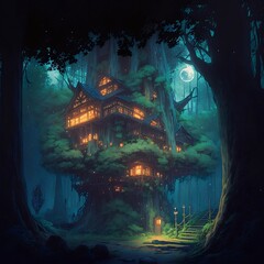 Fototapeta na wymiar a magical treehouse in a green vivid forest. generative AI