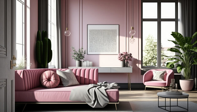 Modern home interior bedroom with pink accents, large sofa, picture