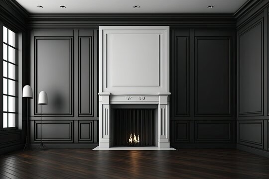 Modern classic wood interior with fireplace, wall panels, hardwood floor. mockup. Generative AI