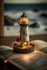 Concept of adventure and exploration planning: Miniature lighthouse on the opened book