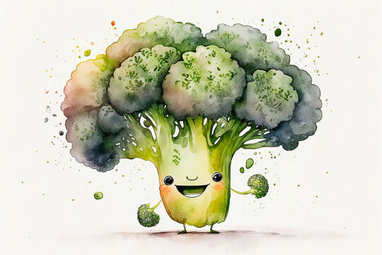 Watercolor cute smiling broccoli cartoon character