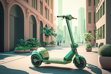 3D modern green electric scooter on a city street. Generative AI