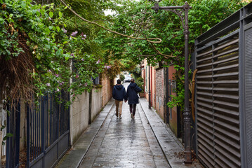 Fototapeta na wymiar Couple Walking Hand in Hand along Green Cobblestone Alleyway in Paris, France