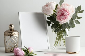 Mockup with pink peonies in a vase and a mockup clipboard on a white background. Generative AI