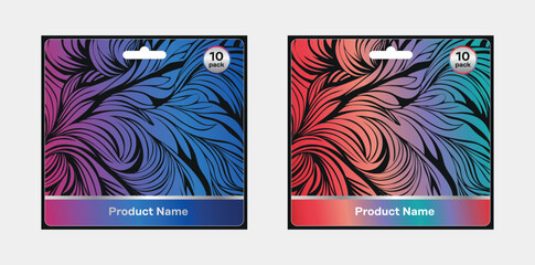 Package concept, set of product packs. Cardboard blister with hang slot with abstract gradient background 