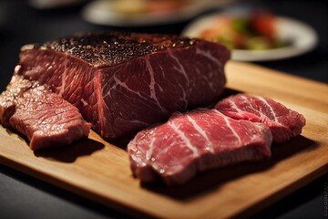 medium rare wagyu beef sliced on a wooden board created with Generative AI technology