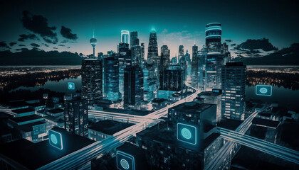 city skyline at night, Internet of Things (IOT)