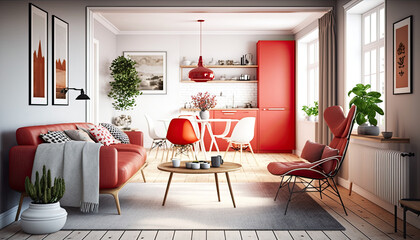 Modern home interior with red accents, Scandinavian style, generative ai