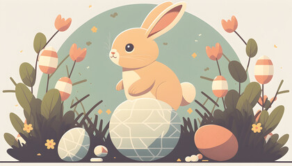Easter eggs and cute bunny, flat illustration, pastels