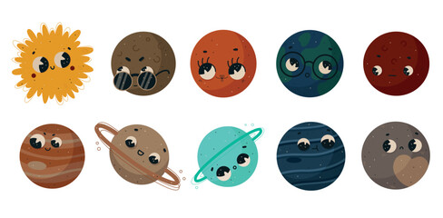 Set of cute solar system planets vector hand draw illustration on the white