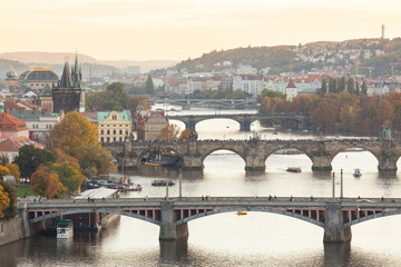 Sunset at Prague. Scenic view of bridges on the Vltava river and of the historical center of...