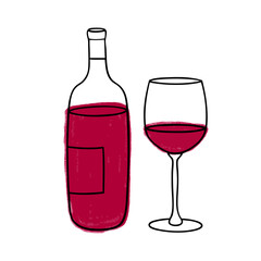Vector illustration of bottle and glass of sweet or dry red Wine. Icon, emblem, simple sketch for café, bar or restaurant menu design. Wine tasting, wine card