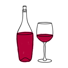 Vector illustration of bottle and glass of sweet or dry red Wine. Icon, emblem, simple sketch for café, bar or restaurant menu design. Wine tasting, wine card