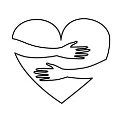 Vector illustration of hands hugging heart isolated on a white background. Symbol, linear icon or concept of love, charity, love yourself, Valentine's day, volunteer, donation, family, support