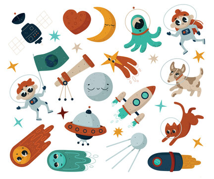 Set of cute kids space objects vector hand draw illustrations on the white