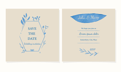 Minimalist trendy wedding invitation card design, watercolor blue line drawing on beige paper.Stylish invitation vector