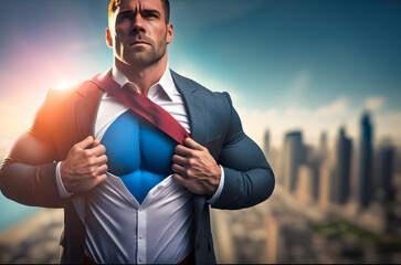 Athletic Muscular gym businessman in a business suit showing the superhero suit under his shirt tearing it up, against the backdrop skyscrapers business district of metropolis. Generative AI